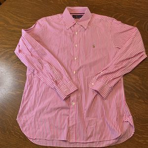 Ralph Lauren Button Shirt Mens Large L Pink Striped Classic Fit Pony Formal 0089